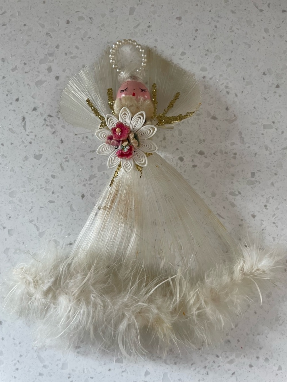 Vintage 1960/70s White Angel Christmas Ornament Angel Floral Feather Tree Topper